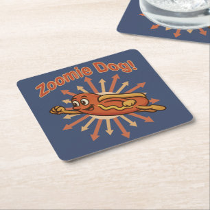 Zoomie Dog Flying Hot Dog Cartoon – Fun Retro Square Paper Coaster