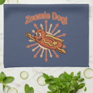 Zoomie Dog Flying Hot Dog Cartoon – Fun Retro Tea Towel
