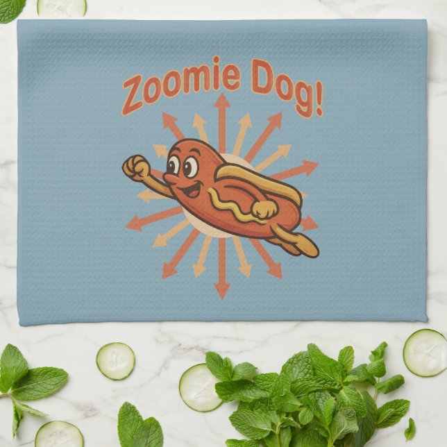 Zoomie Dog Flying Hot Dog Cartoon – Fun Retro Tea Towel (Folded)