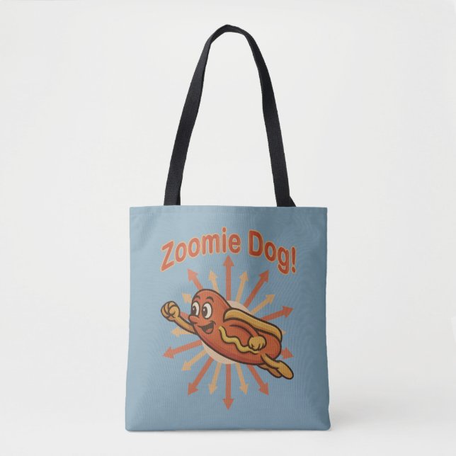 Zoomie Dog Flying Hot Dog Cartoon – Fun Retro Tote Bag (Front)