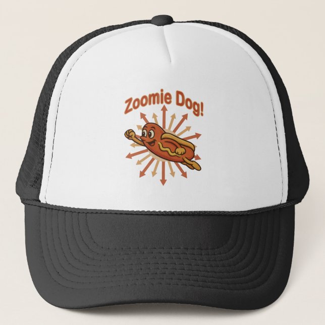 Zoomie Dog Flying Hot Dog Cartoon – Fun Retro Trucker Hat (Front)