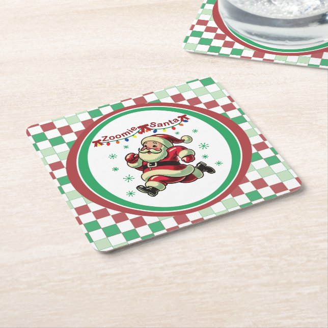 Zoomie Santa Christmas Square Paper Coaster (Angled)