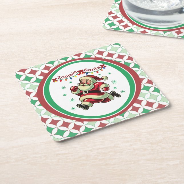 Zoomie Santa Christmas Square Paper Coaster (Angled)