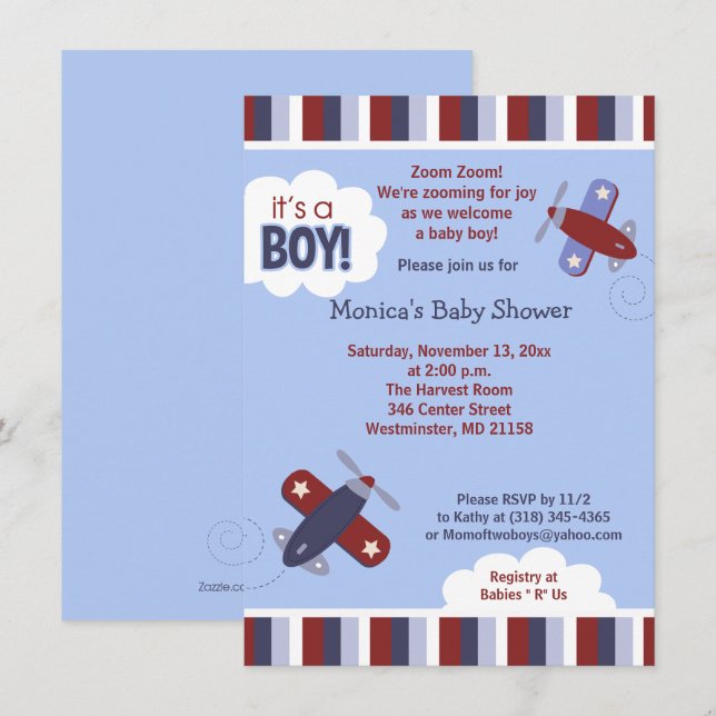 Zooming Aeroplane Invitation Red and Navy (Front/Back)