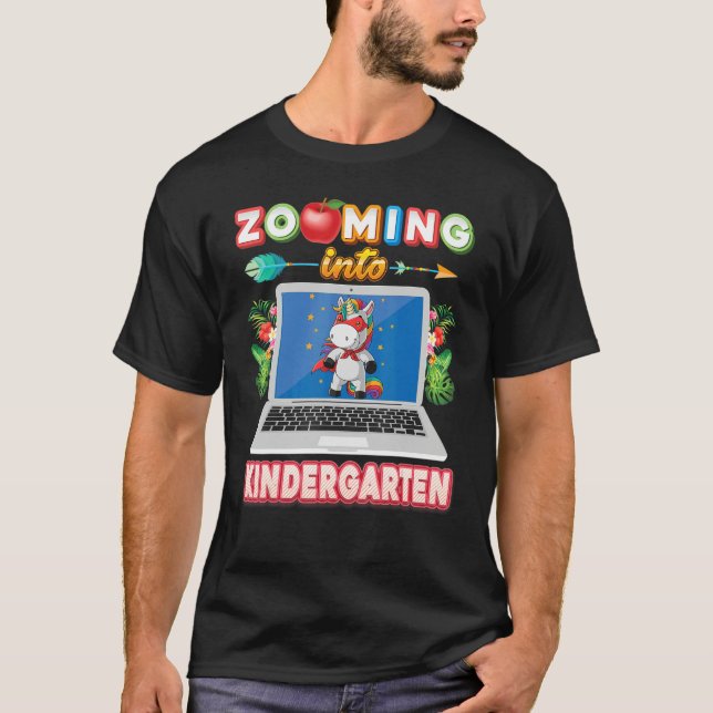 Zooming Into Kindergarten Grade Virtual Unicorn Ki T-Shirt (Front)