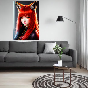 Zoomorphic young lady red hair fox ear   AI Art Poster