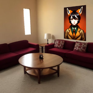Zoomorphic young women black hair fox ear   AI Art Poster