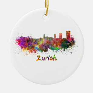 Zurich skyline in watercolor ceramic tree decoration