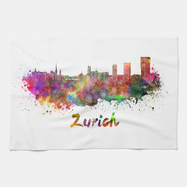Zurich skyline in watercolor tea towel (Horizontal)
