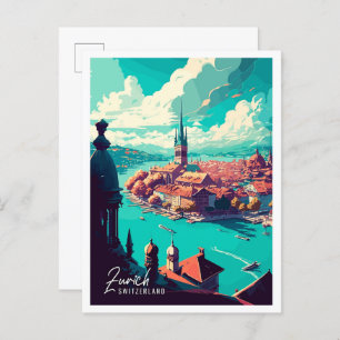Zurich Switzerland Art vintage travel illustration Postcard