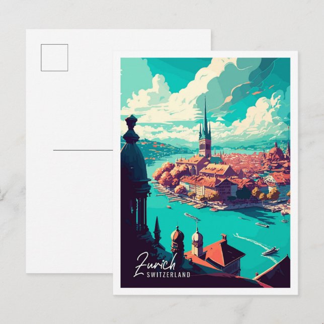 Zurich Switzerland Art vintage travel illustration Postcard (Front/Back)