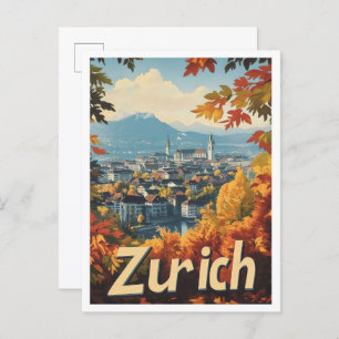 Zurich Switzerland Art Vintage Travel Illustration Postcard