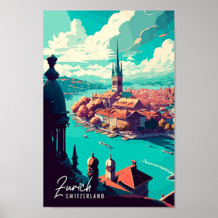 Zurich Switzerland Art vintage travel illustration Poster