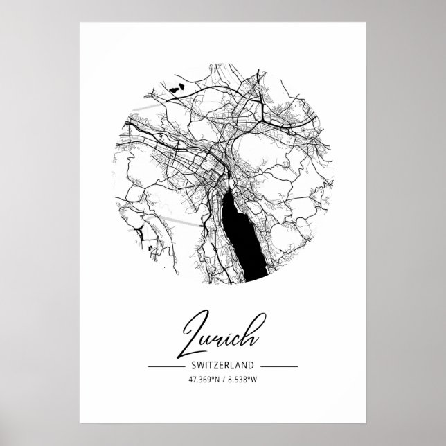 Zurich - Switzerland Black Water City Map Poster (Front)