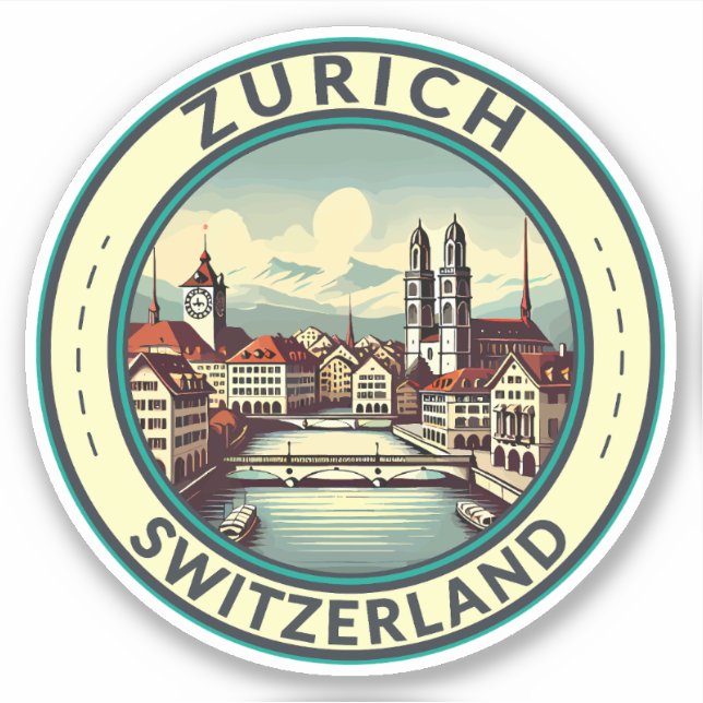 Zurich Switzerland Illustration Travel Art Badge (Front)