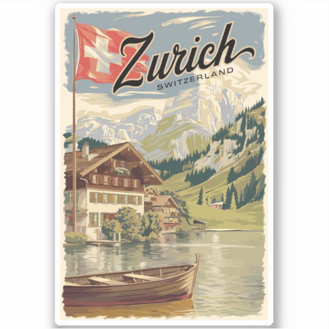 Zurich Switzerland Painterly Travel Art Vintage (Front)