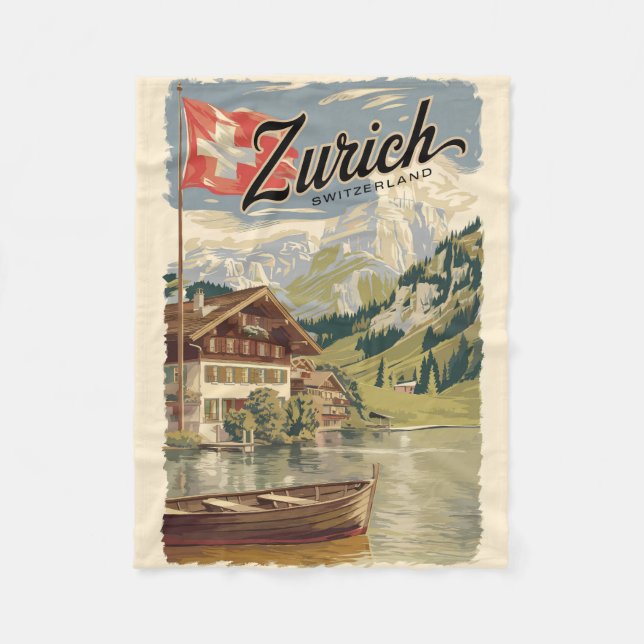 Zurich Switzerland Painterly Travel Art Vintage Fleece Blanket (Front)