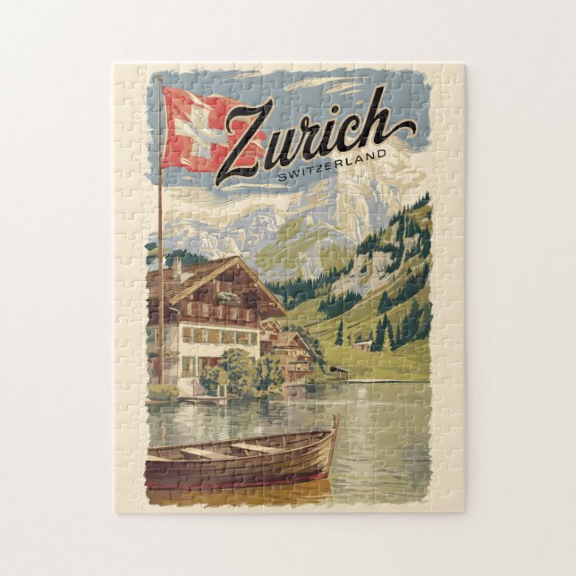 Zurich Switzerland Painterly Travel Art Vintage Jigsaw Puzzle (Vertical)