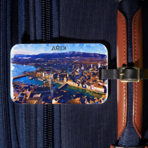 Zurich Switzerland Panorama View Watercolor Luggage Tag