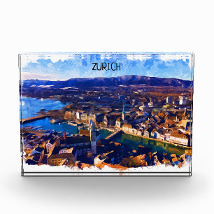 Zurich Switzerland Panorama View Watercolor Photo Block