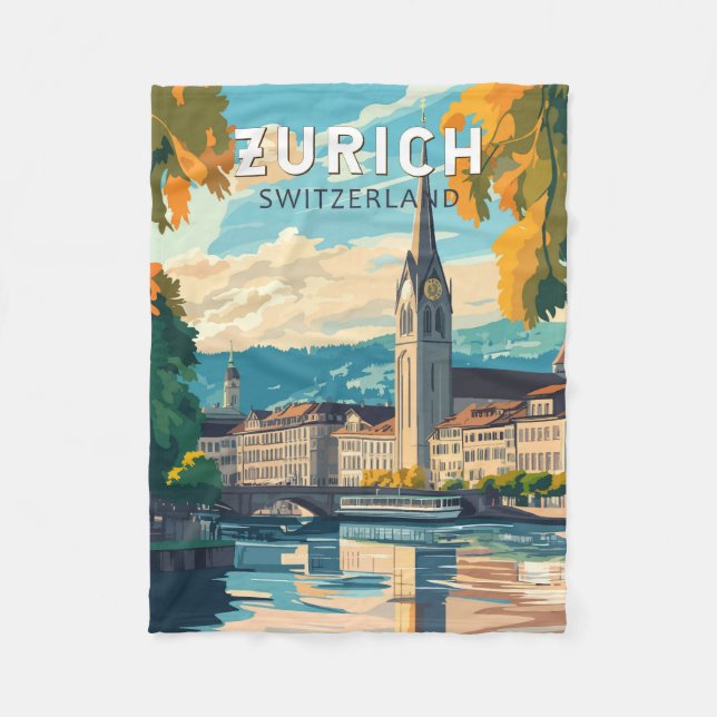 Zurich Switzerland Travel Art Vintage Fleece Blanket (Front)