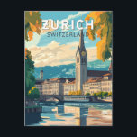 Zurich Switzerland Travel Art Vintage Postcard<br><div class="desc">Zurich retro vector travel design. The picturesque lanes of the central Altstadt (Old Town),  on either side of the Limmat River,  reflect its pre-mediaeval history.</div>