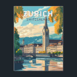 Zurich Switzerland Travel Art Vintage Postcard<br><div class="desc">Zurich retro vector travel design. The picturesque lanes of the central Altstadt (Old Town),  on either side of the Limmat River,  reflect its pre-mediaeval history.</div>