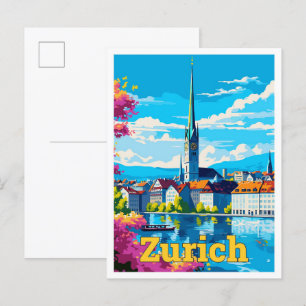 Zurich Switzerland Travel Vintage Illustration Postcard