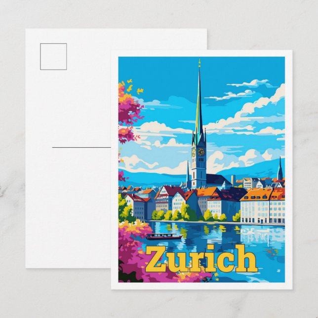 Zurich Switzerland Travel Vintage Illustration Postcard (Front/Back)