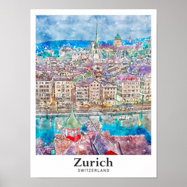 Zurich Switzerland Travel Watercolor Hand Drawn Poster (Front)