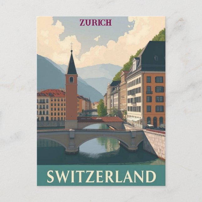 Zurich Switzerland Vintage  Travel Art Postcard (Front)