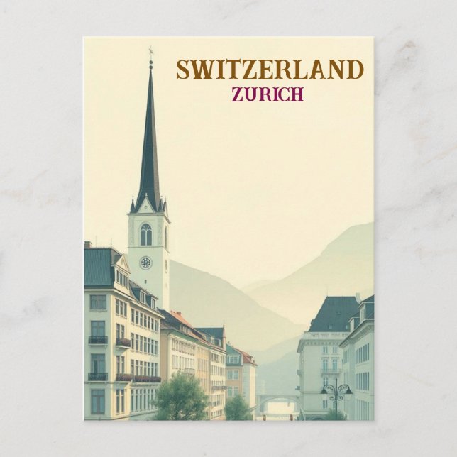 Zurich Switzerland Vintage  Travel Art Postcard (Front)