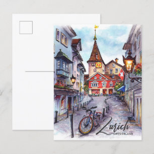 Zurich Switzerland Watercolor Painting Travel Postcard
