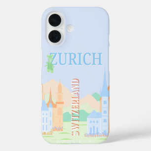 Zurich Travel Art, Switzerland, Blue Retro Travel  iPhone 16 Case