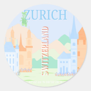Zurich Travel Art, Switzerland, Blue Retro Travel  Classic Round Sticker