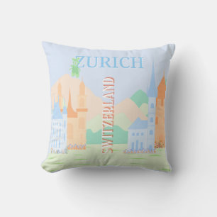 Zurich Travel Art, Switzerland, Blue Retro Travel Cushion