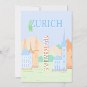 Zurich Travel Art, Switzerland, Blue Retro Travel  Holiday Card