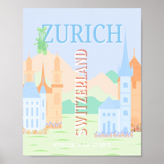 Zurich Travel Art, Switzerland, Blue Retro Travel  Poster (Front)