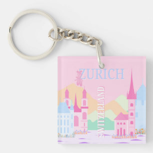Zurich Travel Art, Switzerland, Pink Preppy Key Ring