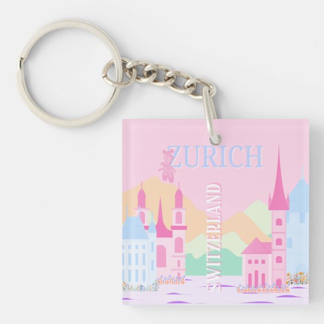 Zurich Travel Art, Switzerland, Pink Preppy  Key Ring (Front)
