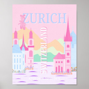 Zurich Travel Art, Switzerland, Pink Preppy  Poster