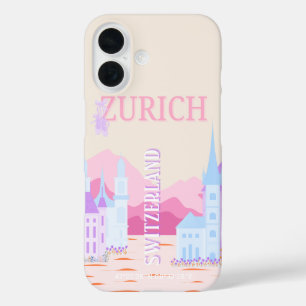 Zurich Travel Art, Switzerland, Pink Preppy Travel iPhone 16 Case