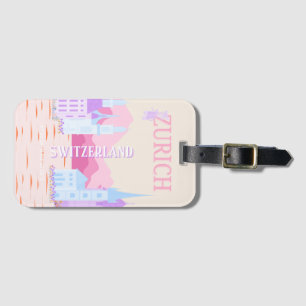 Zurich Travel Art, Switzerland, Pink Preppy Travel Luggage Tag