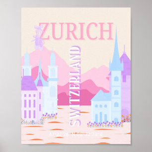 Zurich Travel Art, Switzerland, Pink Preppy Travel Poster