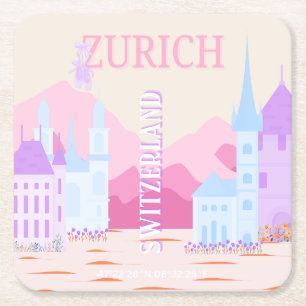 Zurich Travel Art, Switzerland, Pink Preppy Travel Square Paper Coaster