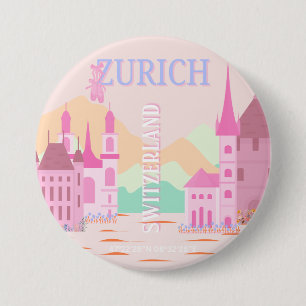 Zurich Travel Art, Switzerland, Pink Retro Travel 7.5 Cm Round Badge