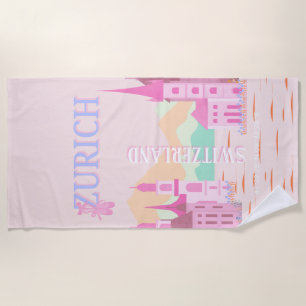 Zurich Travel Art, Switzerland, Pink Retro Travel  Beach Towel