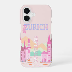Zurich Travel Art, Switzerland, Pink Retro Travel iPhone 16 Case