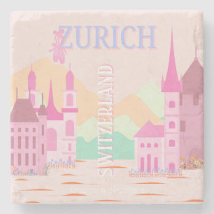 Zurich Travel Art, Switzerland, Pink Retro Travel Stone Coaster