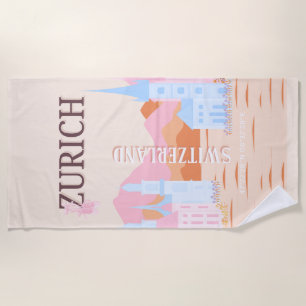 Zurich Travel Art, Switzerland, Retro Travel Art Beach Towel